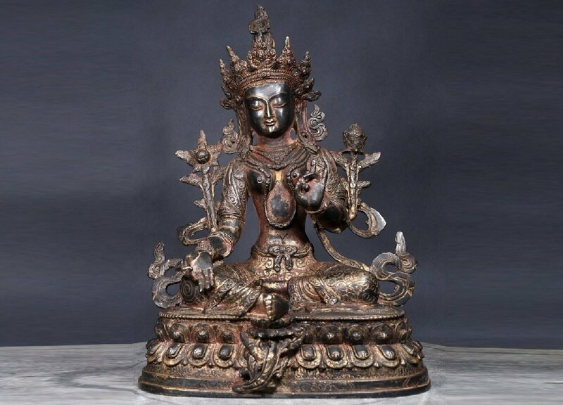 【清】某有名収集家買取品 西蔵・チベット伝来・時代物 銅製 泥金緑多羅菩薩造像 極細工 密教古美術