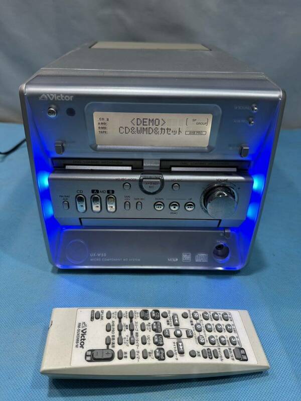 Victor UX-W50 本体&リモコンのみ CD.MD.TAPE再生確認済み ラジオ受信します 動作品 ミニコンポ センター部 CA-UXW50-S オーディオ 