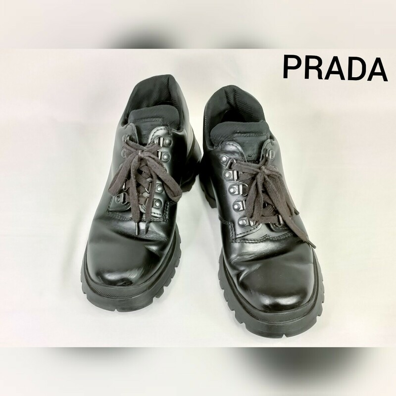 プラダ　36（23cm）レザースニーカー　ブーツ　ブラック　ビブラムソール　シューズ　靴　EC11a550pp