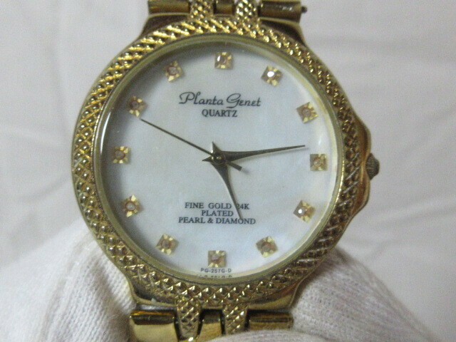 ◆動作品 Planta genet /プランタジネットメンズ クォーツ　腕時計 FINE　GOLD　24K　PLATED　PEARL＆DIAMOND 