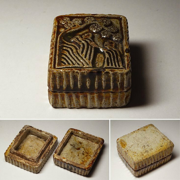 慶應◆江戸時代 国焼茶陶 交趾釉人物松図角香合 桐仕立て箱 茶道具