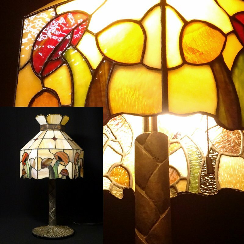 慶應◆ビンテージステンドグラス きのこ図六角シェード 2灯式スタンドランプ ティファニーランプ テーブルライト 高さ59㎝