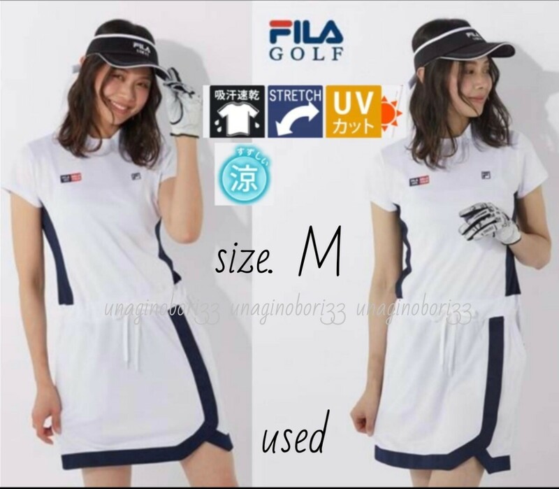 フィラゴルフ ワンピース 半袖 白 M レディース FILA GOLF ゴルフウェア ホワイト ロゴ刺繍 スカート UVカット 吸汗速乾 スキッパータイプ