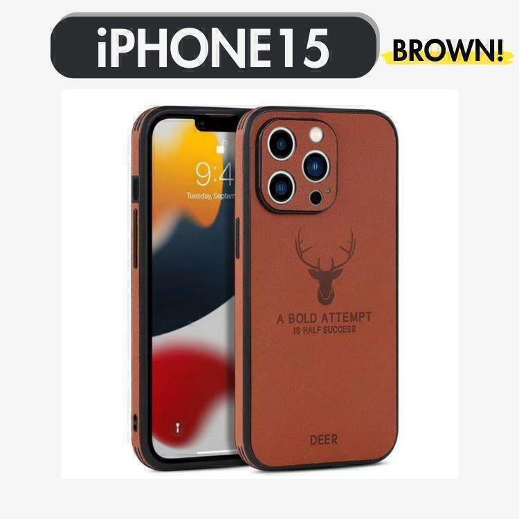 ブラウン iPhone15 ケースカバー鹿ロゴ 茶色レザー合皮メンズレディース人気 かっこいい おしゃれ 韓国 iPhoneケース スマホケース 新品