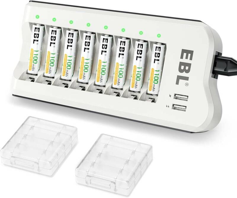 EBL 充電器セット 8スロット 独立充電器+単四電池（1100mAh）セット 単三単四 ニッケル水素/ニカド充電池に対応可能 単4電池・充電器パック