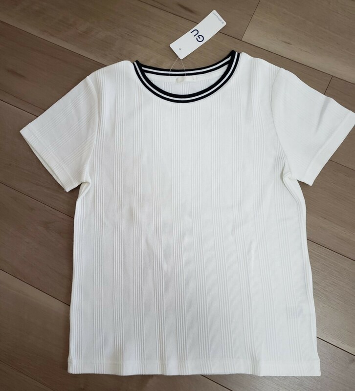 Lサイズ 新品 GU リブコンパクトTシャツ 半袖 カラー表記オフホワイト(ホワイト) 綿96% ストレッチTシャツ 白 送料無料