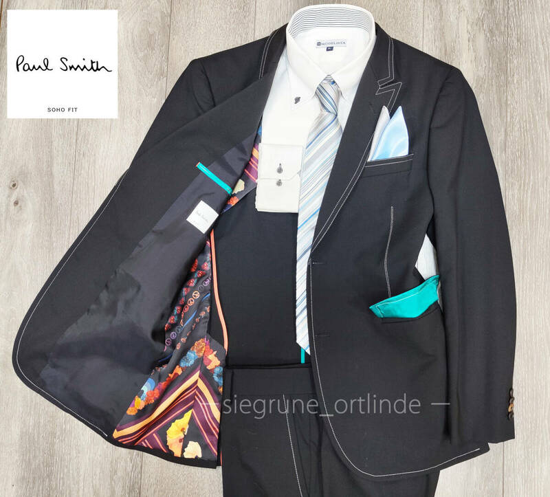 【美品・大きいサイズ】ポールスミス SOHO FIT デザインスーツ 柄裏地 AMFステッチ ブラックスーツ 100-88-175 (L2～XLサイズ) Paul Smith