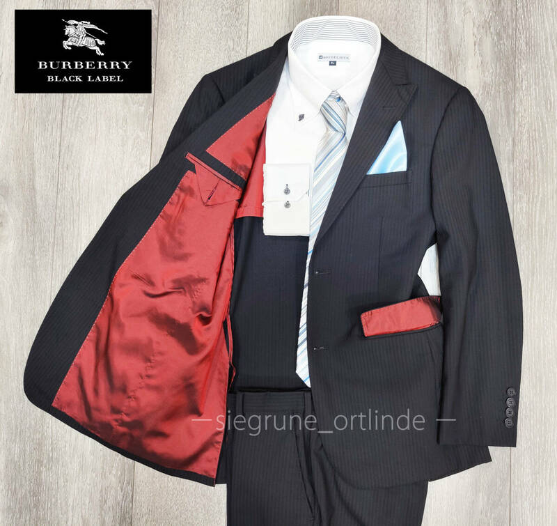 【美品】バーバリー ブラックレーベル RED×BLACK 赤裏地 夏物薄手生地 シャドー ストライプ スーツ 90-74-165 36R (Sサイズ) BLACK LABEL