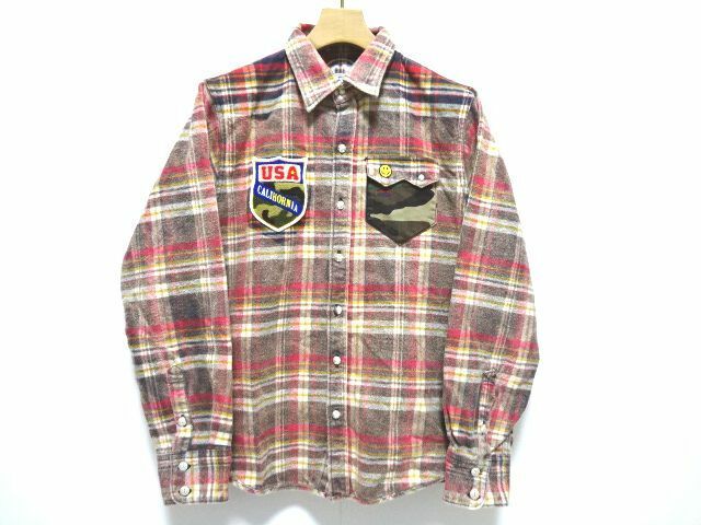 HORN GARMENT CHECK SHIRT L size / ホーンガーメント チェックシャツ コンチョボタン ワッペンカスタム VINTAGE加工 日本製 メンズ