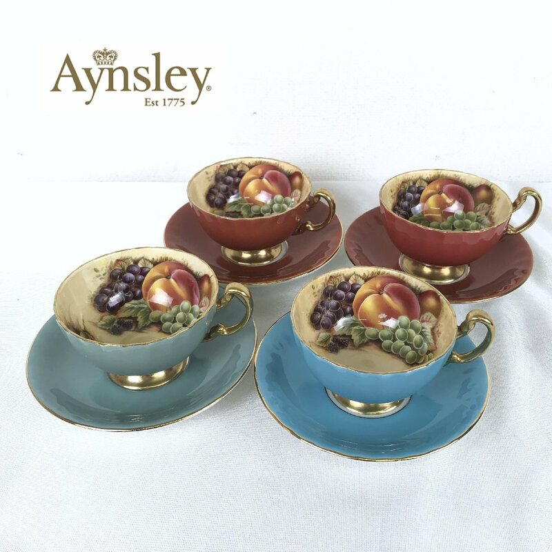 1205 Aynsley エインズレイ オーチャードゴールド カップ＆ソーサー 赤茶/水色/セージ C/S 4客セット 金彩 英国