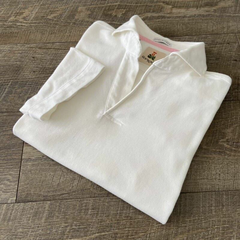 イタリア製 良品 GUY ROVER ギローバー 裾ロゴ刺繍 鹿の子コットン スキッパー 半袖 シャツ XS 白 ホワイト トップス ポロ 夏物 メンズ