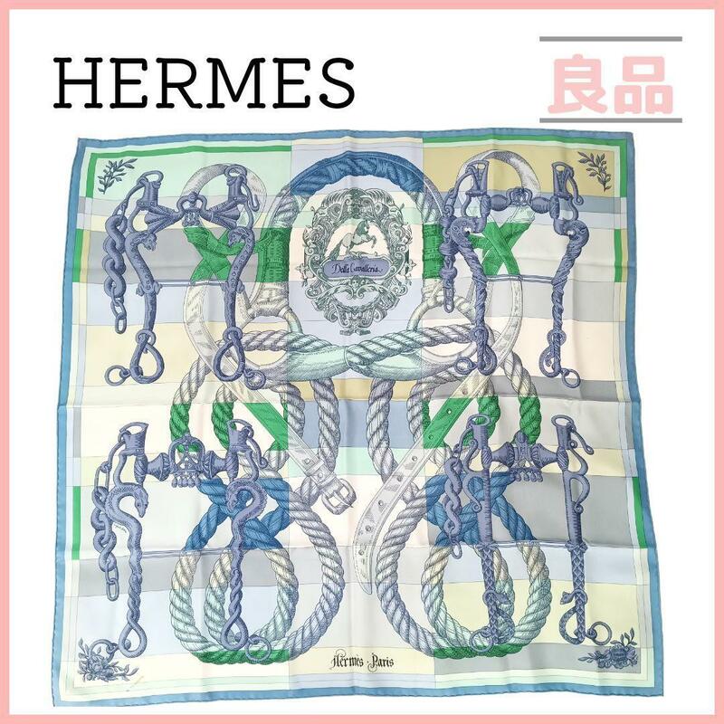 エルメス カレ90 DELLA CAVALLERIA スカーフ ブルー ホワイト グリーン マルチカラー HERMES デッラ カヴァッレリア レディース