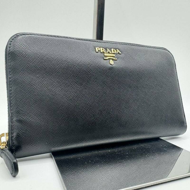 ■極美品■PRADA プラダ 三角ロゴ サフィアーノレザー ラウンドファスナー トライアングル 長財布 メンズ レディース ビジネス ブラック