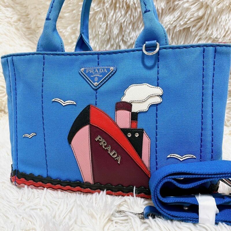 美品 超希少! プラダ カナパ ショルダーバッグ 2way サフィアーノレザー キャンバス ブルー 刺繍 PRADA 三角ロゴ トート デニム CANAPA