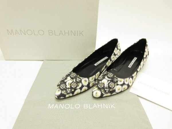 マノロブラニク MANOLO BLAHNIK ★定価￥169400（税込）★ジュエルバックル 花柄 ハンギシ フラットシューズ パンプス サイズ37（24cm位）