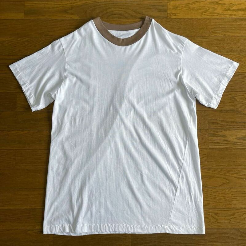 デッドストック☆80s 90s USA製 無地 Tシャツ XL 白 茶色 ビンテージ ビッグサイズ リンガー セットインスリーブ 未使用品 新品 トリム ④