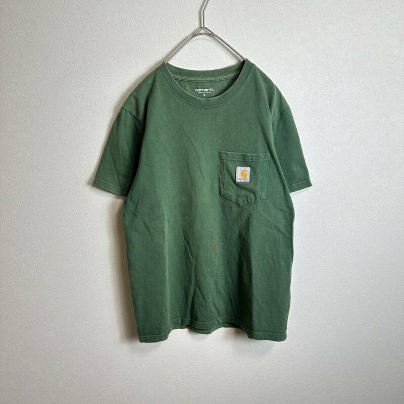 Carhartt カーハート　半袖Tシャツ　Sサイズ　ワンポイントロゴ　フェード感　グリーン　緑 ポケット 半袖ポケットTシャツ 