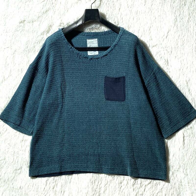 SHAREEF★名作 完売★RUSSELL BIG PULLOVER★和紙ニット ビッグシルエットTシャツ カットソー ポケット&裾切替 青緑 着用感快適 シャリーフ