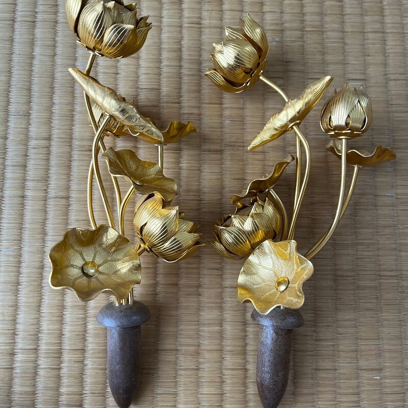 仏具 アルミ製 常花7本立て一対 金色 美品仏教美術 伝統工芸 仏壇 状態良好