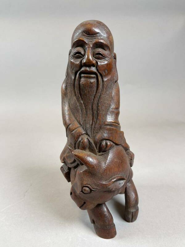 寿星牛乗像 竹彫刻 人物 木彫 置物 飾物 検:中国 朝鮮 李朝 日本