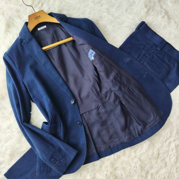 ★レア★ブルーブルー　BLUE BLUE　スーツ　セットアップ　テーラードジャケット　ネイビー　S　センターベンド　本切羽　ドット柄　日本製