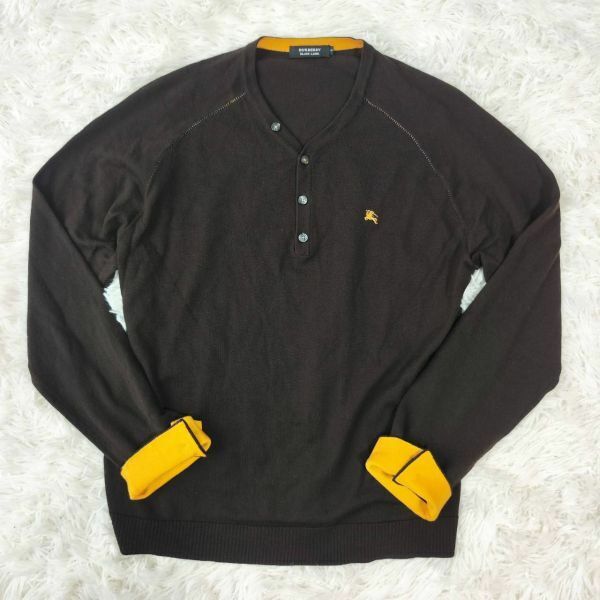 バーバリーブラックレーベル　BURBERRY BLACK LABEL　ヘンリーネックニット　サイズ3　ブラウン　羊毛　ウール　セーター　ロゴ刺繍　