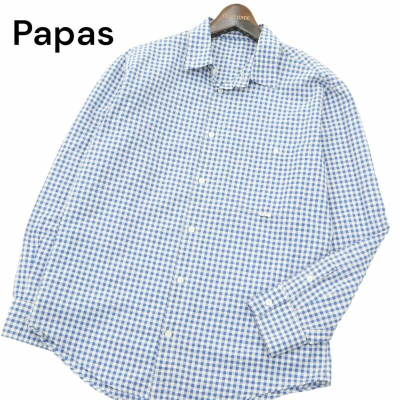 Papas パパス 春夏 ゆったり♪ ロゴ★ 長袖 シアサッカー ギンガムチェック シャツ Sz.M　メンズ ネイビー × 白 日本製　A4T05667_5#A