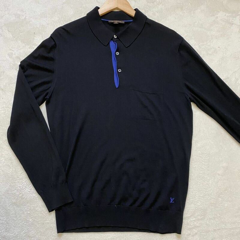 【美品・最高峰】 LOUIS VUITTON LVロゴ ニット ポロシャツ 長袖 シャツ トップス ウール S サイズ ブラック × ブルー