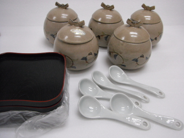 未使用品 電子レンジ対応 茶碗蒸し器 5客セット 陶器 バラエティカップ スプーン 皿付 和食器 Z-B