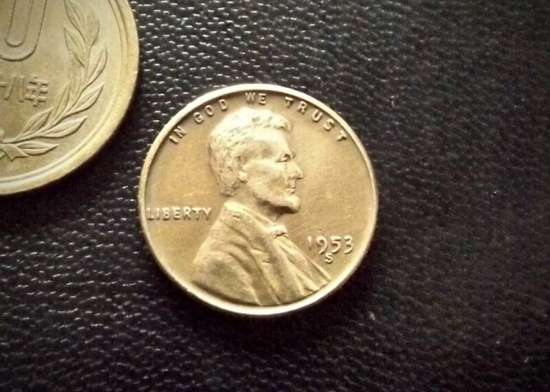 麦ペニー　アメリカ合衆国　1セントコイン　1953年　S刻印　　送料無料（9055）リンカーン　USA 貨幣　お金 貨幣　硬貨　ドル　
