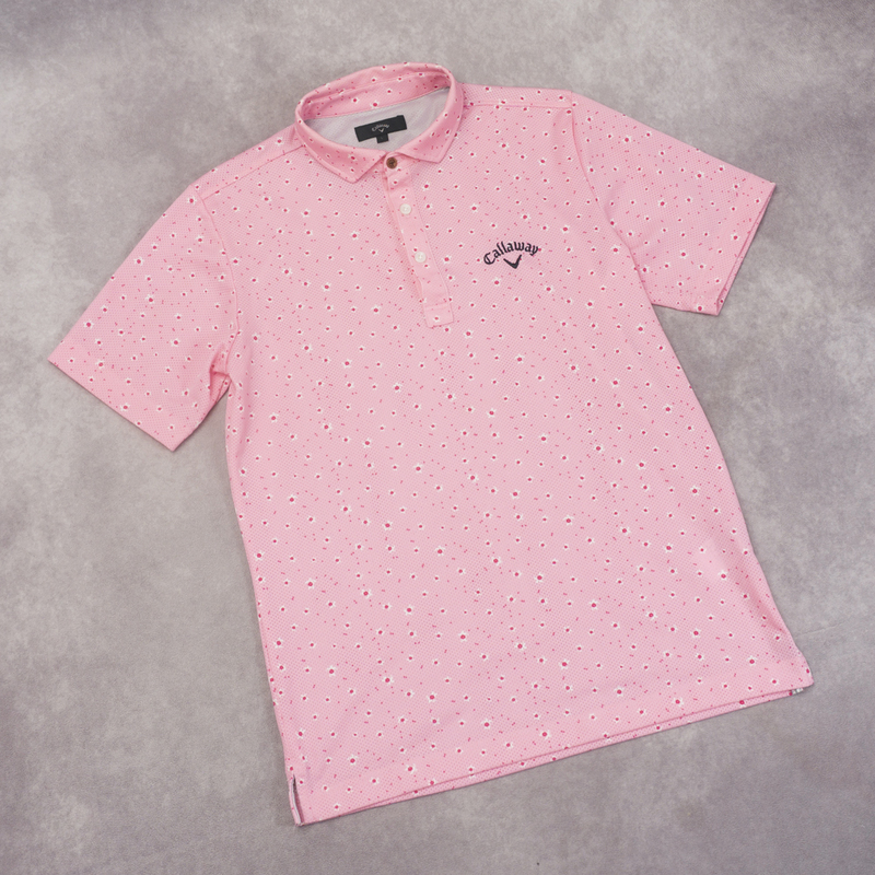 美品『Callaway』半袖ポロシャツ Lサイズ ピンク 小花柄 ポリエステル ゴルフウェア キャロウェイ メンズ 管理425