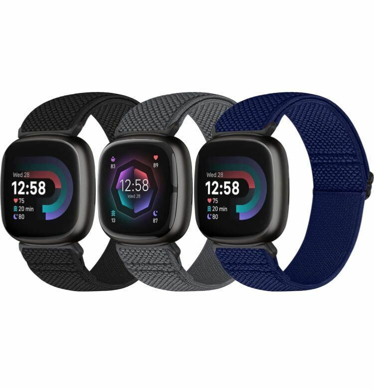 Fitbit Versa 4/Sense 2/Versa 3/Sense バンド レディース メンズ 伸縮性ナイロン ソフト 調節可能　3本