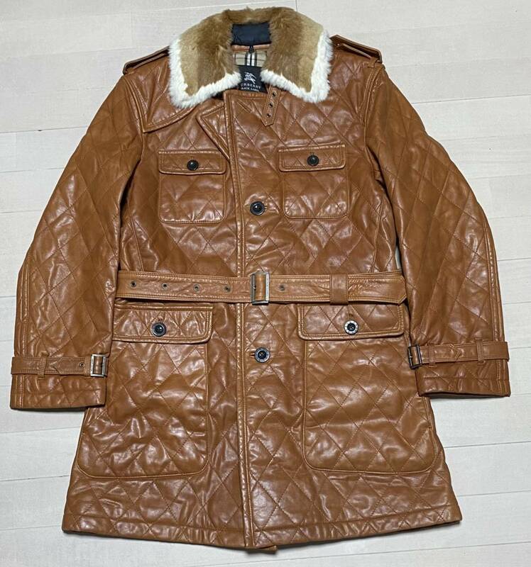 カタログ掲載 BURBERRY BLACKLABEL バーバリーブラックレーベル ラビットファー付き ラムレザー トレンチコート 茶 M