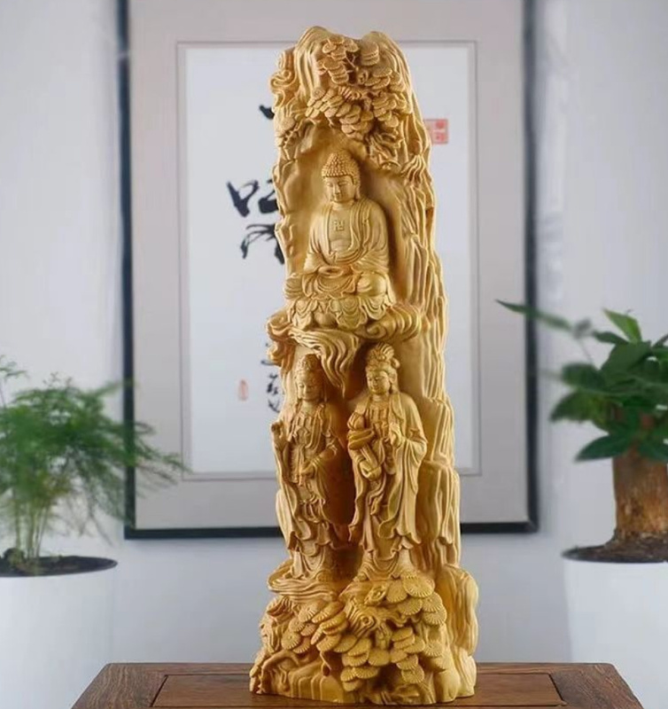 黄楊木彫西方三聖仏像華厳置物阿弥陀仏大勢至浄瓶観音菩薩 高20cm