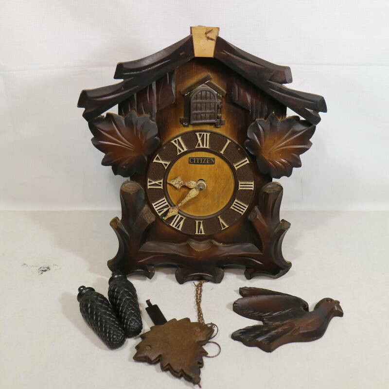 ジャンク 木製 CITIZEN 振り子式 鳩時計 掛け時計 からくり時計 インテリア 雑貨 アナログ 昭和 レトロ 部品どり ビンテージ 現状品 中古