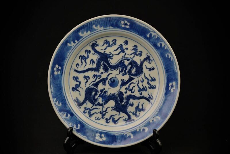 【萬古】中国古玩 古美術 清時代 明時代 青花 龍紋 飾皿 古染付 大皿 染付 骨董 古玩 唐物