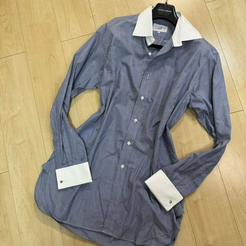 dunhill/ダンヒル　長袖　ワイドカラーシャツ/ストライプ　ドレスシャツ　ジャケット　ブルー×ホワイト　メンズ　42=XL相当　長袖シャツ 