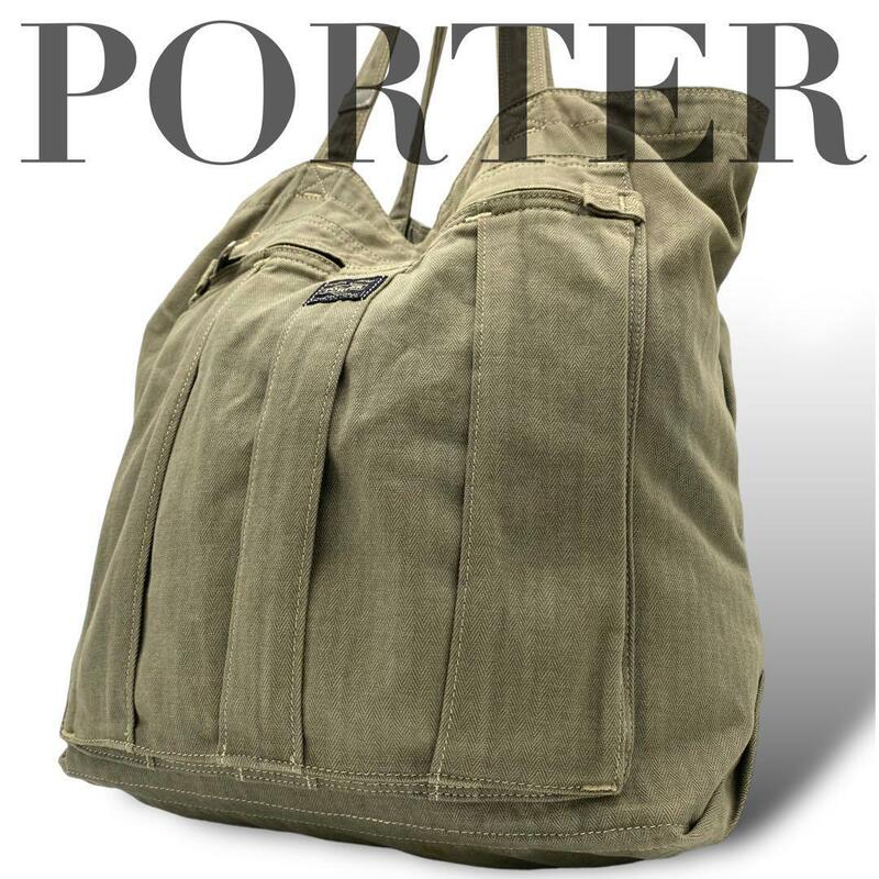 PORTER トートバッグ カーキ キャンバス ヘリンボーン PAGE ペイジ