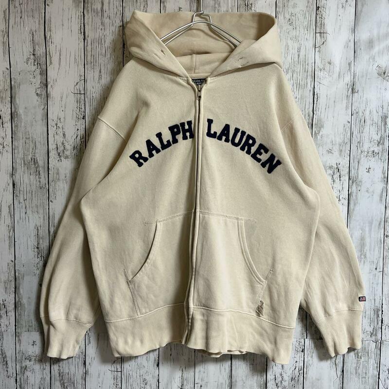 90's Ralph Lauren ラルフローレン ポロジーンズ ジップアップパーカー フーディ L ベージュ ワッペン 90年代ヴィンテージ HTK3873