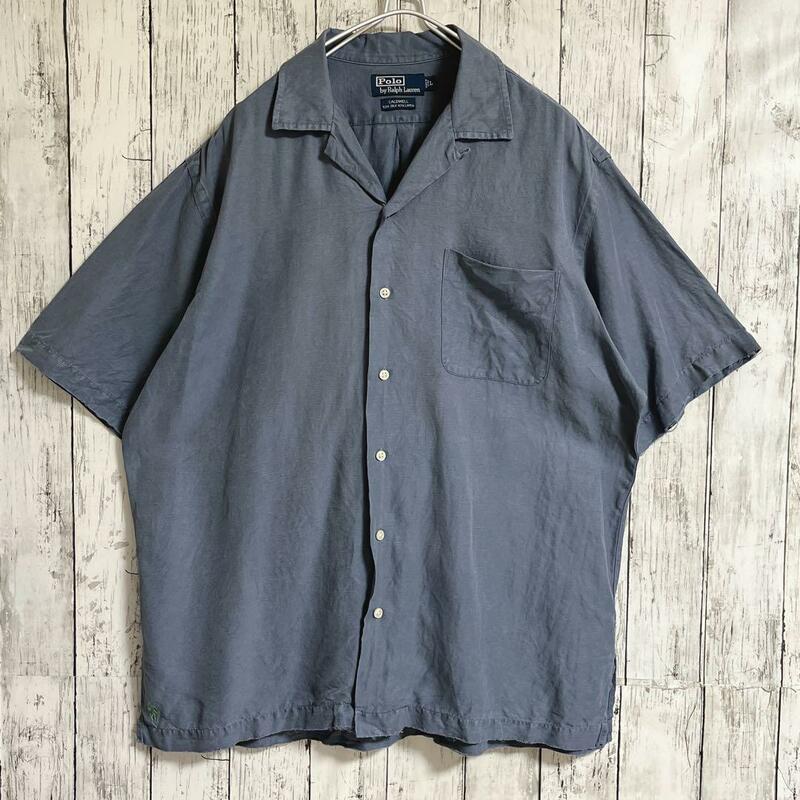 90's Ralph Lauren ラルフローレン 半袖 開襟シャツ CALDWELL シルクリネン グレー系 L 刺 裾ポニー 90年代ヴィンテージ HTK3969