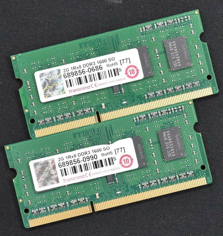 2GB 2枚組 (合計 4GB) PC3-12800S DDR3-1600 S.O.DIMM 204pin 1Rx8 ノートPC用メモリ 8chip TRANSCEND製 2G 4G (管:SB0247 x2s