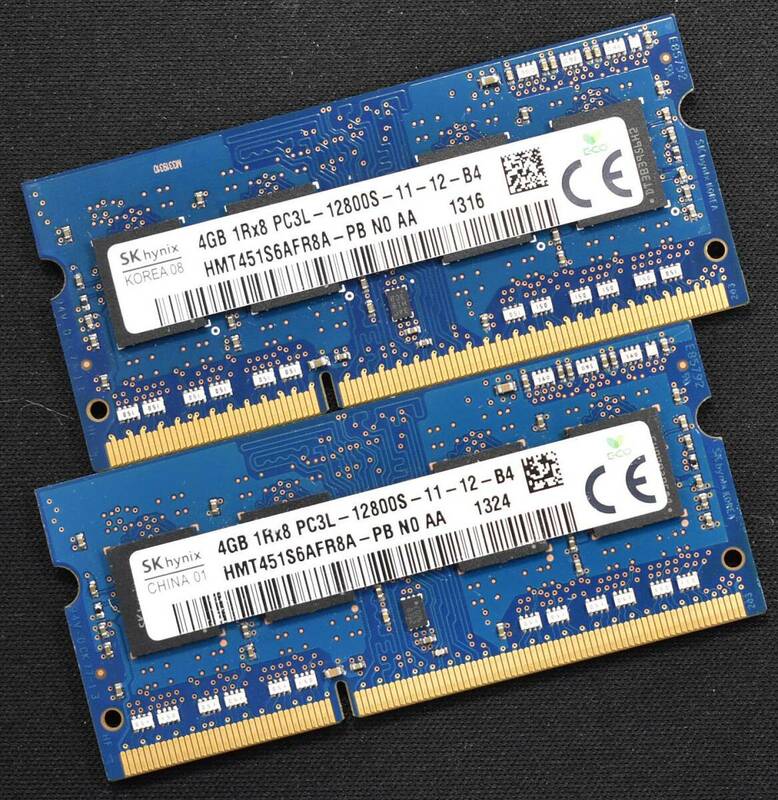4GB 2枚組 (合計 8GB) PC3L-12800S DDR3-1600 S.O.DIMM 204pin 1Rx8 SK-Hynix (動作確認済 memtest86+) (管:SB0277 x3s