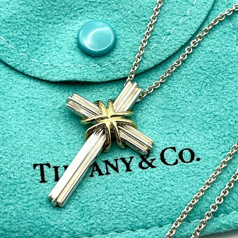 良品 TIFFANY＆Co. ティファニー シグネチャークロス コンビ ネックレス SV925×K18 ペンダント シルバー×ゴールド 専用小袋箱付き