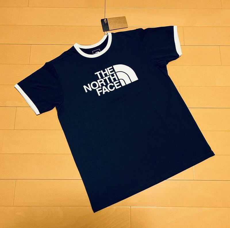 ●○ 新品 THE NORTH FACE ザ ノースフェイス ロゴ リンガーTシャツ UPF15-30 L ネイビー×ホワイト ○●