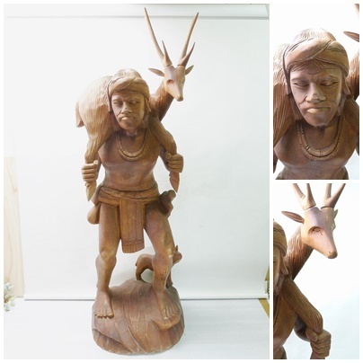 ＠木像 木彫り 先住民に担がれた動物と犬 工芸品 インテリア オブジェ コレクション 木工芸 伝統工芸品