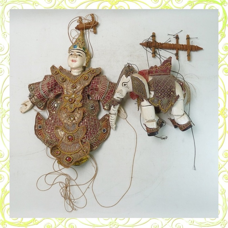 ＠タイ 古典舞踊 操り人形 ラームヤナ ラーマ王１つ　象１つ 合計２個のマリオネット人形 伝統工芸品 インテリアオブジェ コレクション