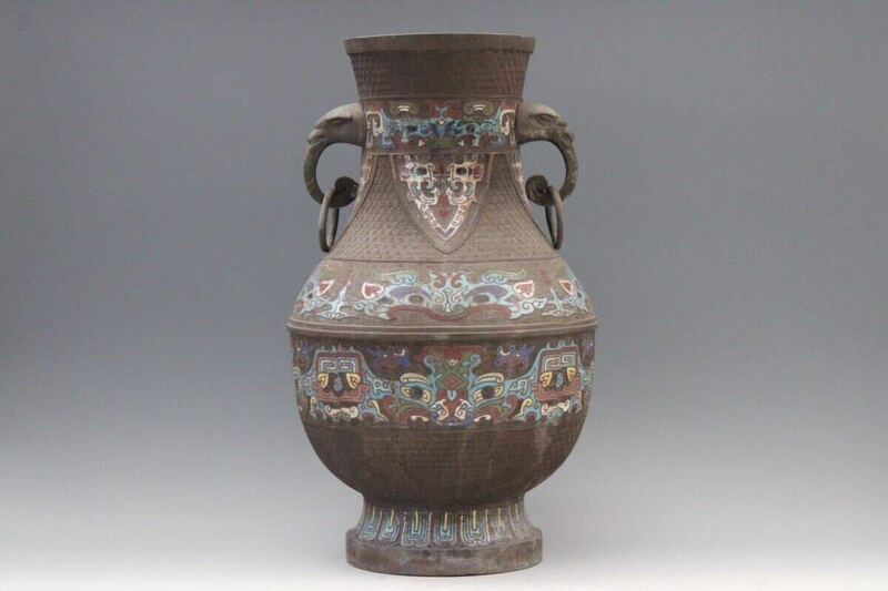 【英】B144 時代 七宝花瓶 H53.5㎝ 中国美術 朝鮮 銅製 花器 花入 壷 骨董品 美術品 古美術 時代品 古玩