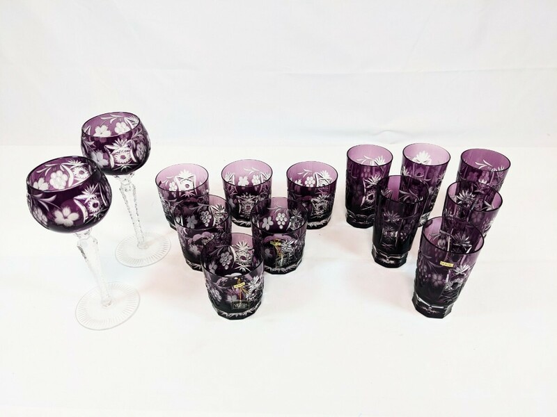 グラス まとめて CRYSTAL DONAU クリスタル ドナウ コップ ガラス 花柄 紫 パープル ロックグラス ワイングラス レトロ 昭和レトロ