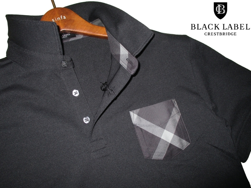新品ラス1 L 定価1.65万 ブラックレーベル クレストブリッジ BLACKLABEL CRESTBRIDGE 部分 チェック ポロシャツ 半袖シャツ 黒 バーバリー