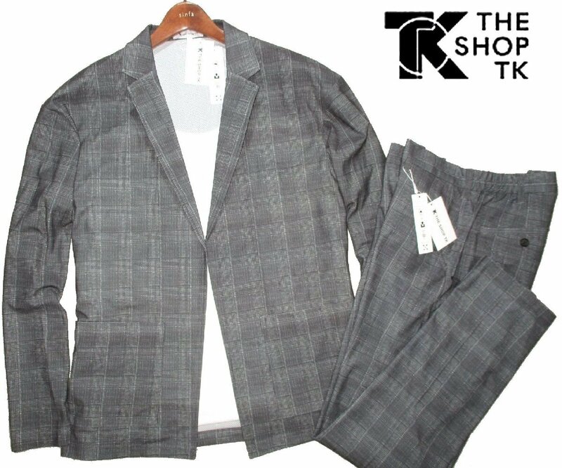 新品ラス1 春物 L ▼ タケオキクチ THE SHOP TK ストレッチ スーツ ボタンレス テーラードジャケット パンツ 上下 セット 灰色 チェック